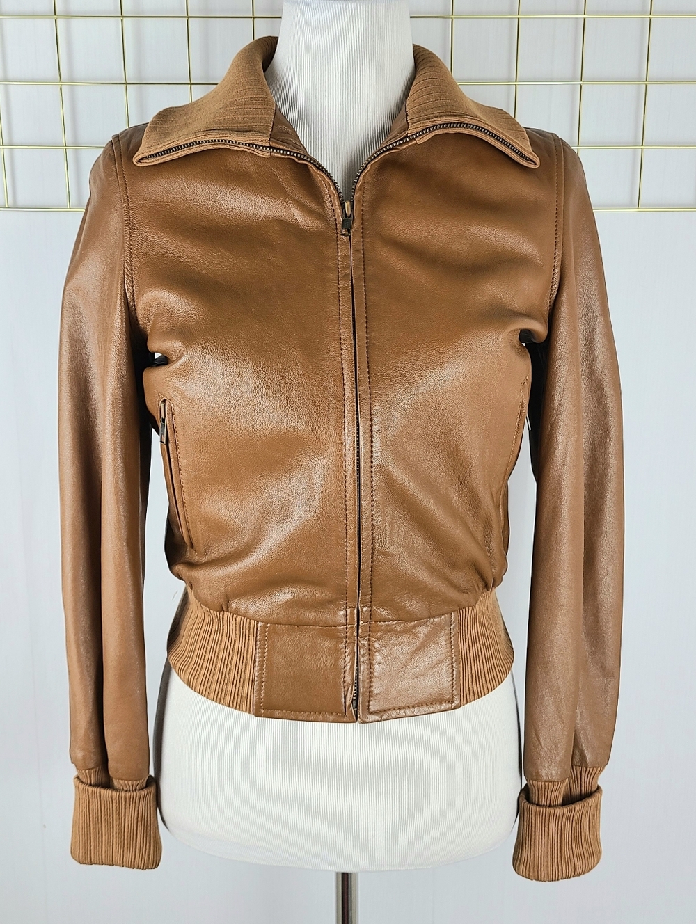 GAP Y2K Vintage Genuine Leather Tan Brown Fitted Bomber Jacket